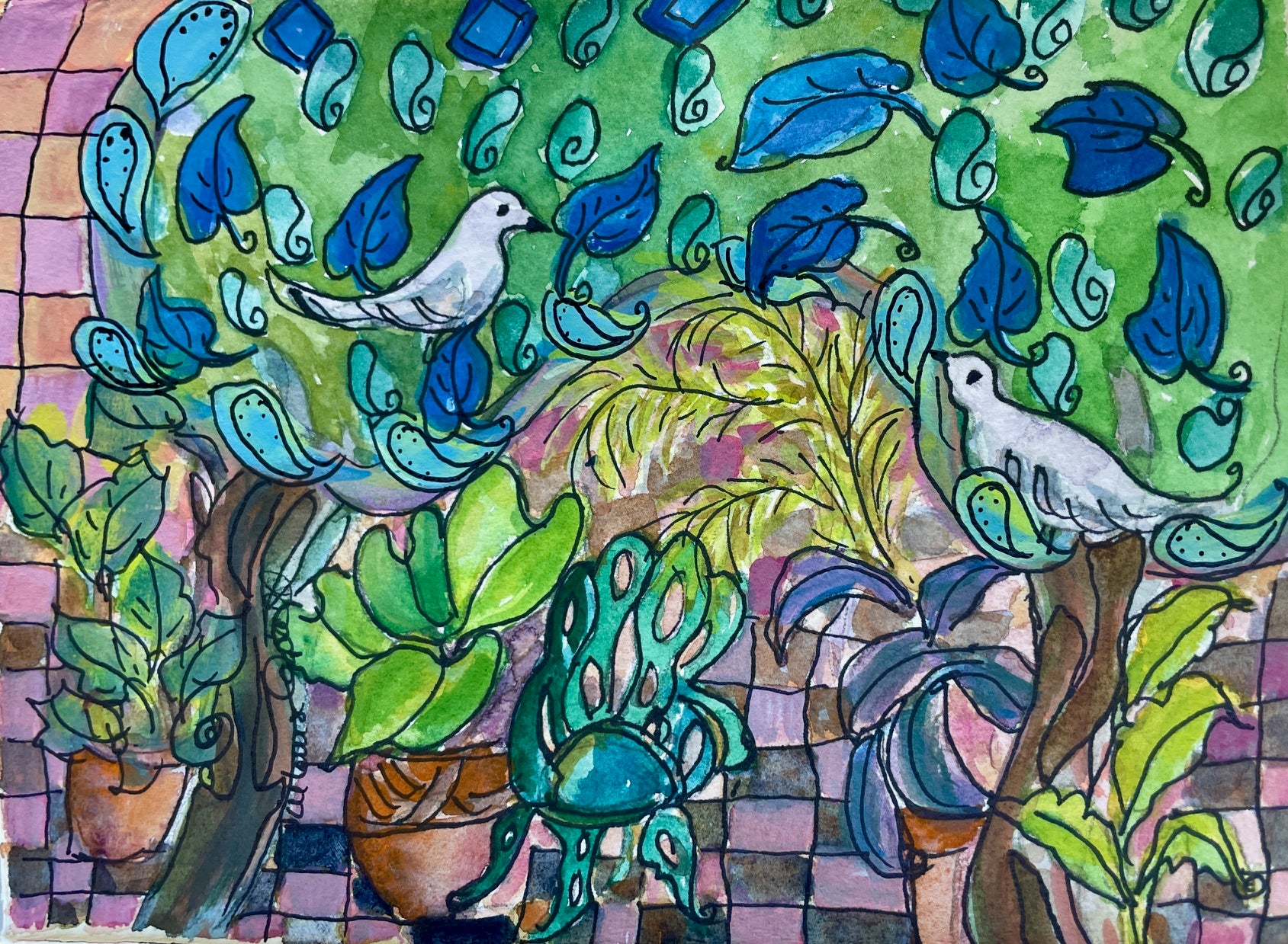 "Pigeons in the Garden"  original painting
