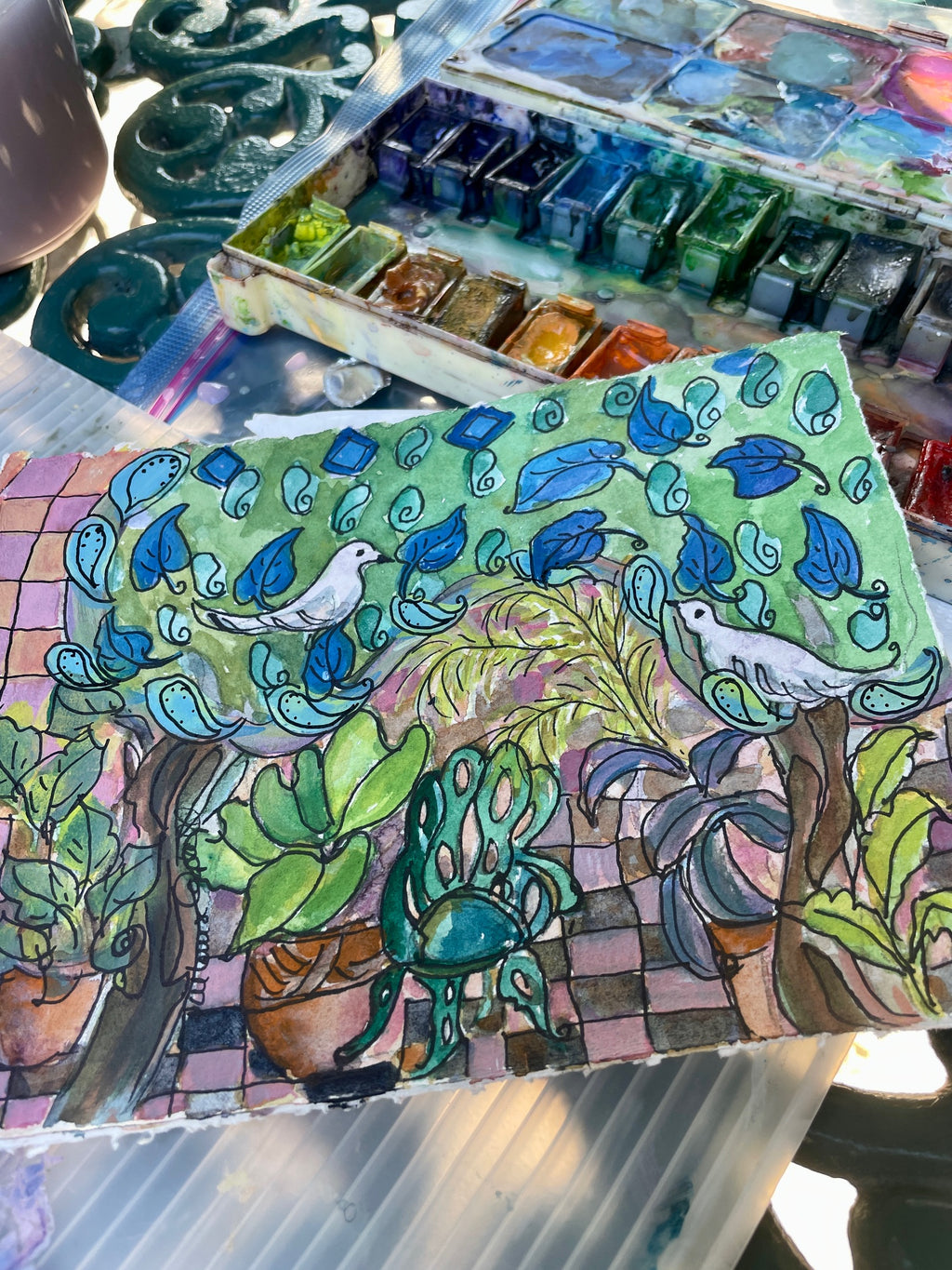 "Pigeons in the Garden"  original painting