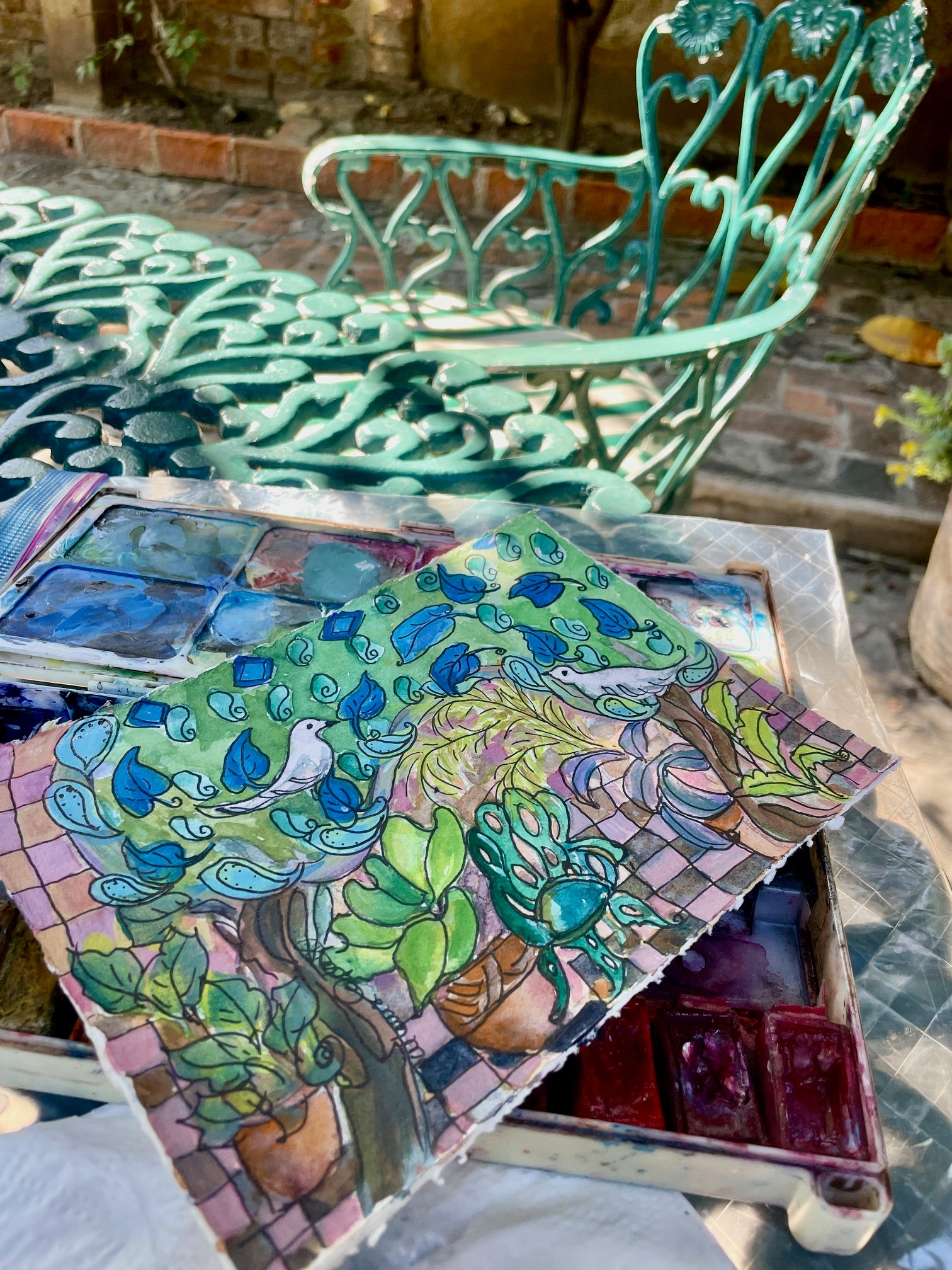 "Pigeons in the Garden"  original painting