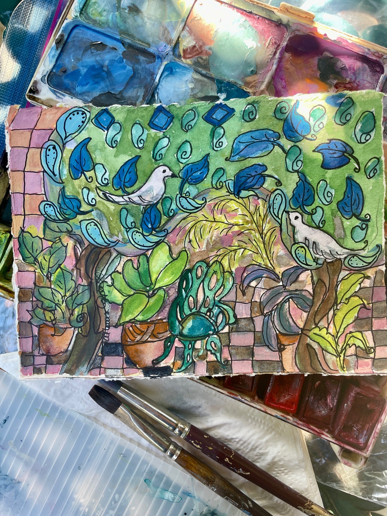 "Pigeons in the Garden"  original painting