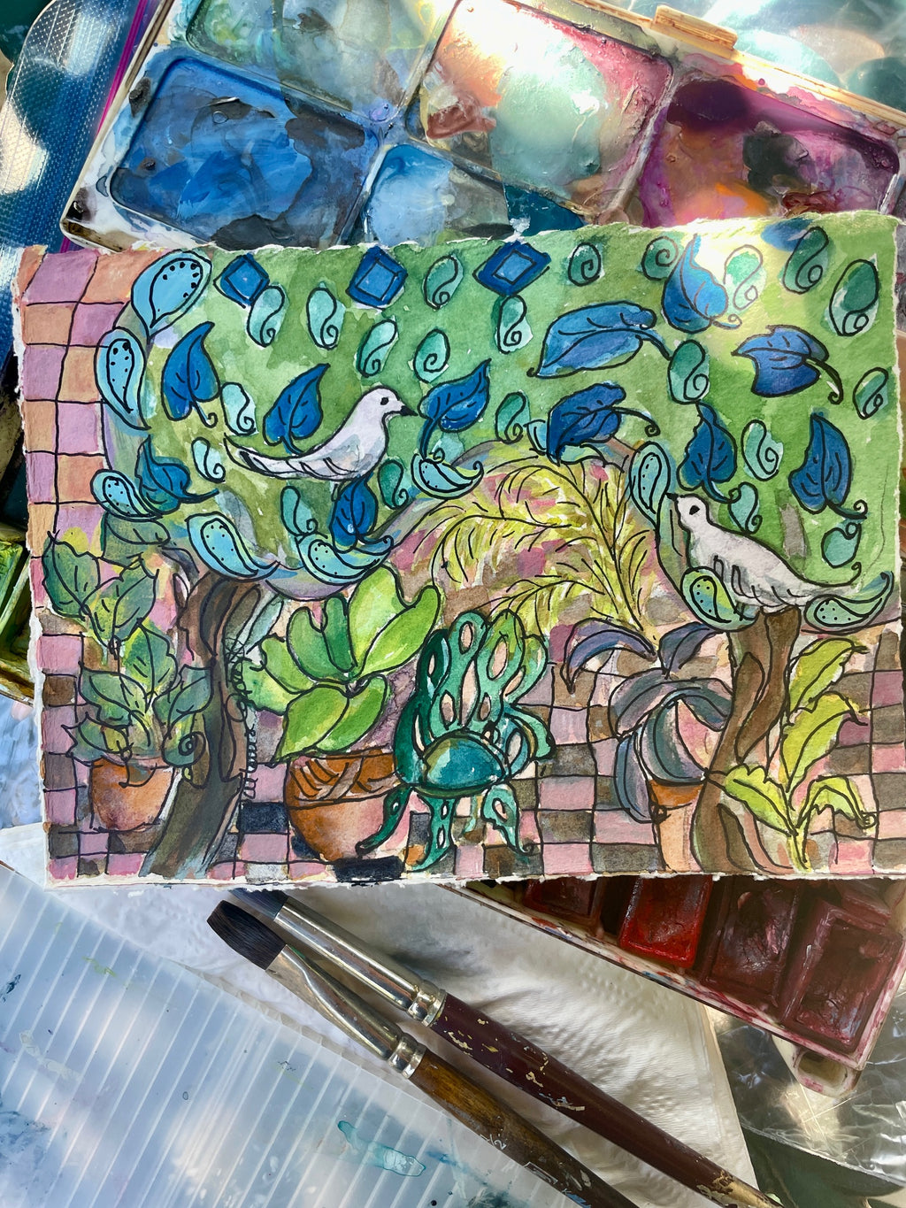 "Pigeons in the Garden"  original painting
