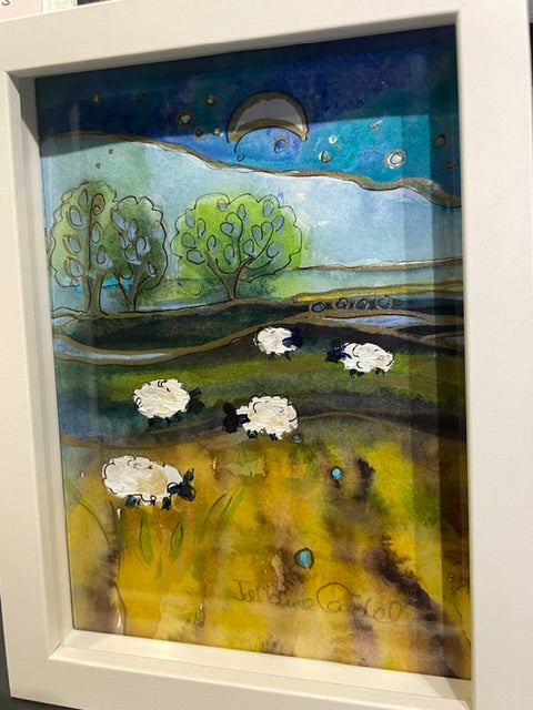 Five Sheep and Crescent Moon.   Small Original