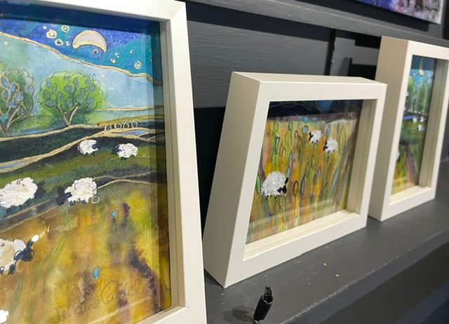 Five Sheep and Crescent Moon.   Small Original