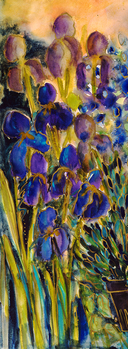 ‘Slice of Iris’ left panel 13" X 36" a unique limited edition. The companion painting is also available to purchase  ‘Slice of Geranium’ right side panel.