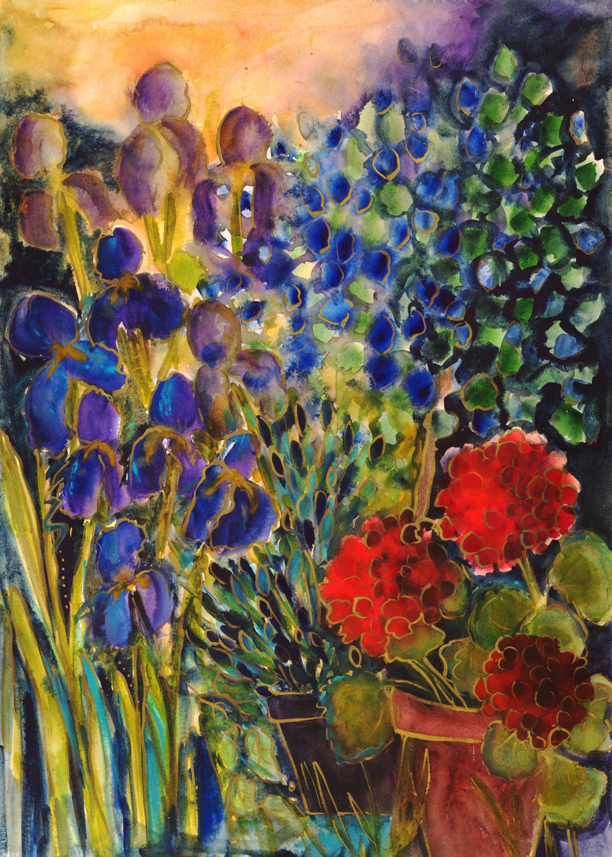 Iris and Geraniums : Art Print
