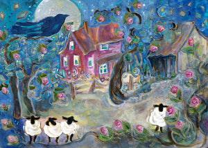 "Singing Sheep to the Moon".  Original Mixed Media